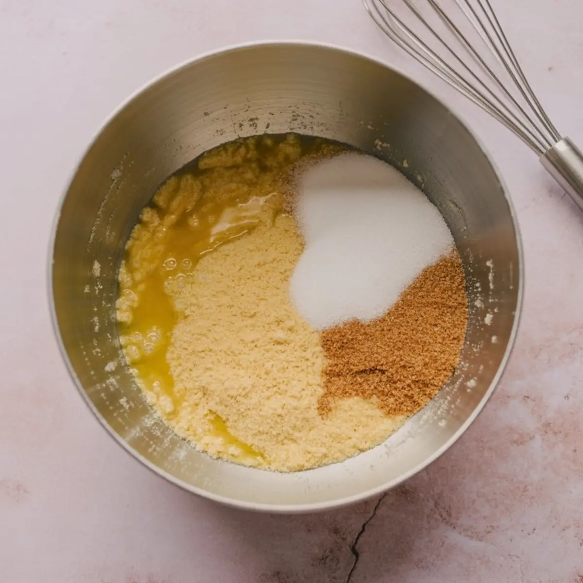 Overhead view of a mixing bowl filled with melted butter, graham-cracker crumbs, white sugar, brown sugar, and mashed filling, with a whisk nearby on a pale-pink surface, capturing ingredient staging for honey-pie crust.