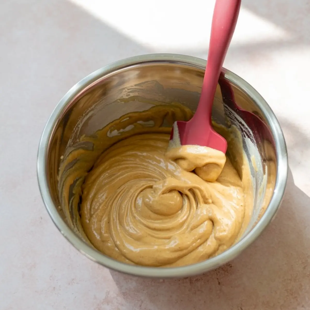 Silky honey-pie custard swirls smoothly inside a metal bowl as a pink silicone spatula folds the glossy mixture into a spiral pattern in bright natural light.