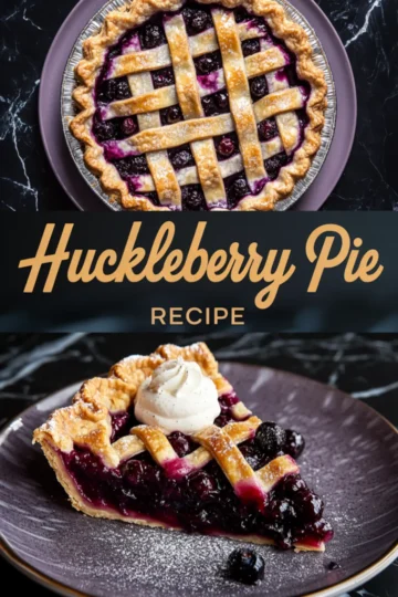 Another vertical collage of a baked huckleberry pie and a slice served with whipped cream, both on a dark marble backdrop, with “Huckleberry Pie Recipe” in peach lettering across the center.