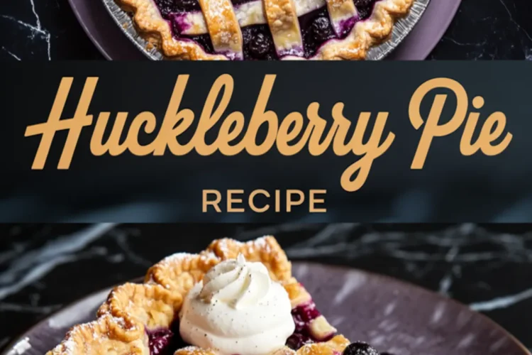 Another vertical collage of a baked huckleberry pie and a slice served with whipped cream, both on a dark marble backdrop, with “Huckleberry Pie Recipe” in peach lettering across the center.