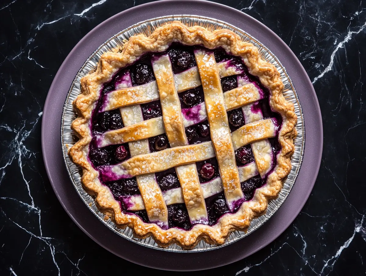 Overhead view of a whole huckleberry pie with a golden-brown lattice crust in an aluminum pie pan on a lilac plate, set against a black marble background.