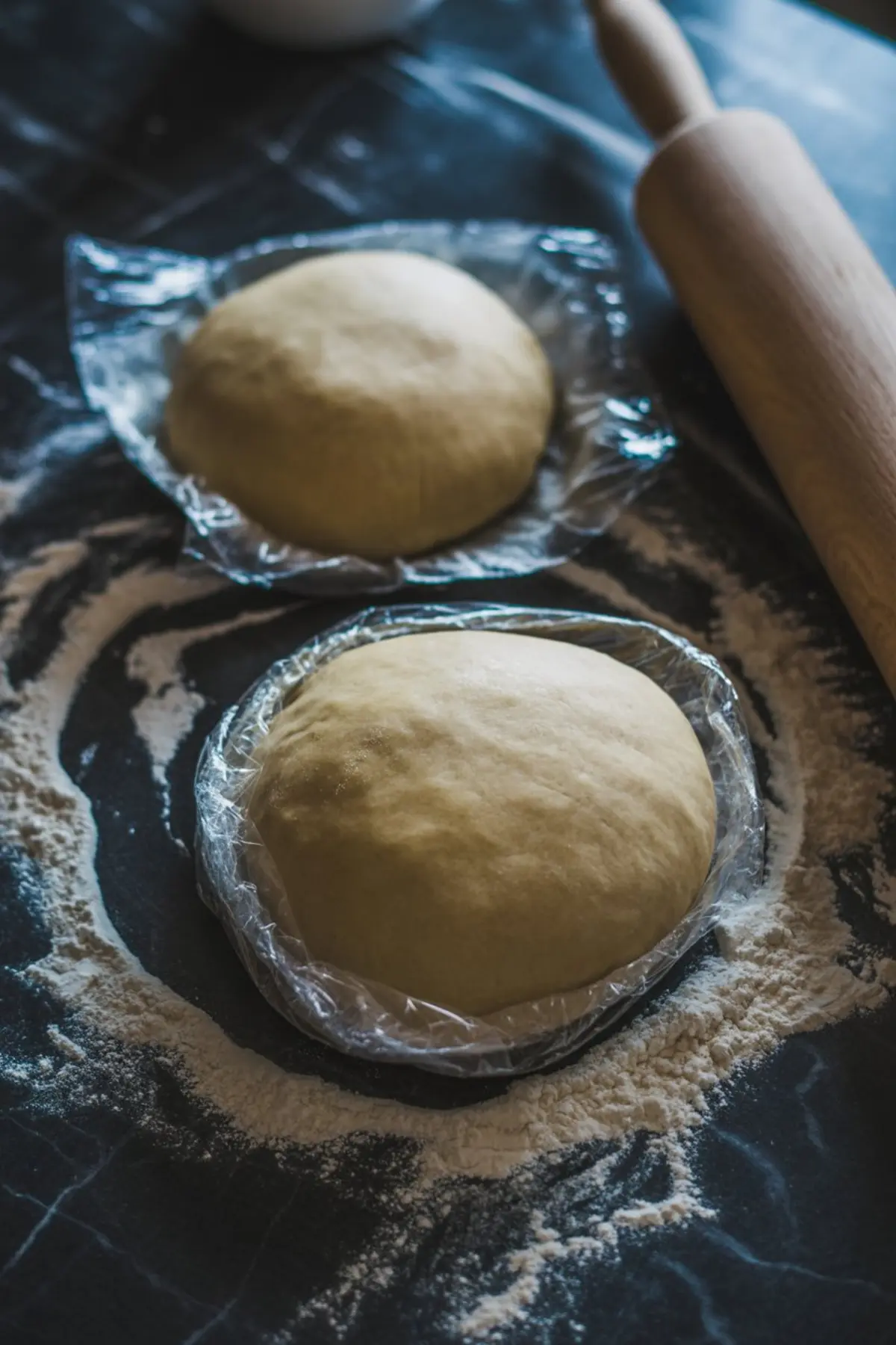 Two dough balls wrapped in plastic wrap resting on a floured black countertop, ready to be rolled out, with a wooden rolling pin in the background.