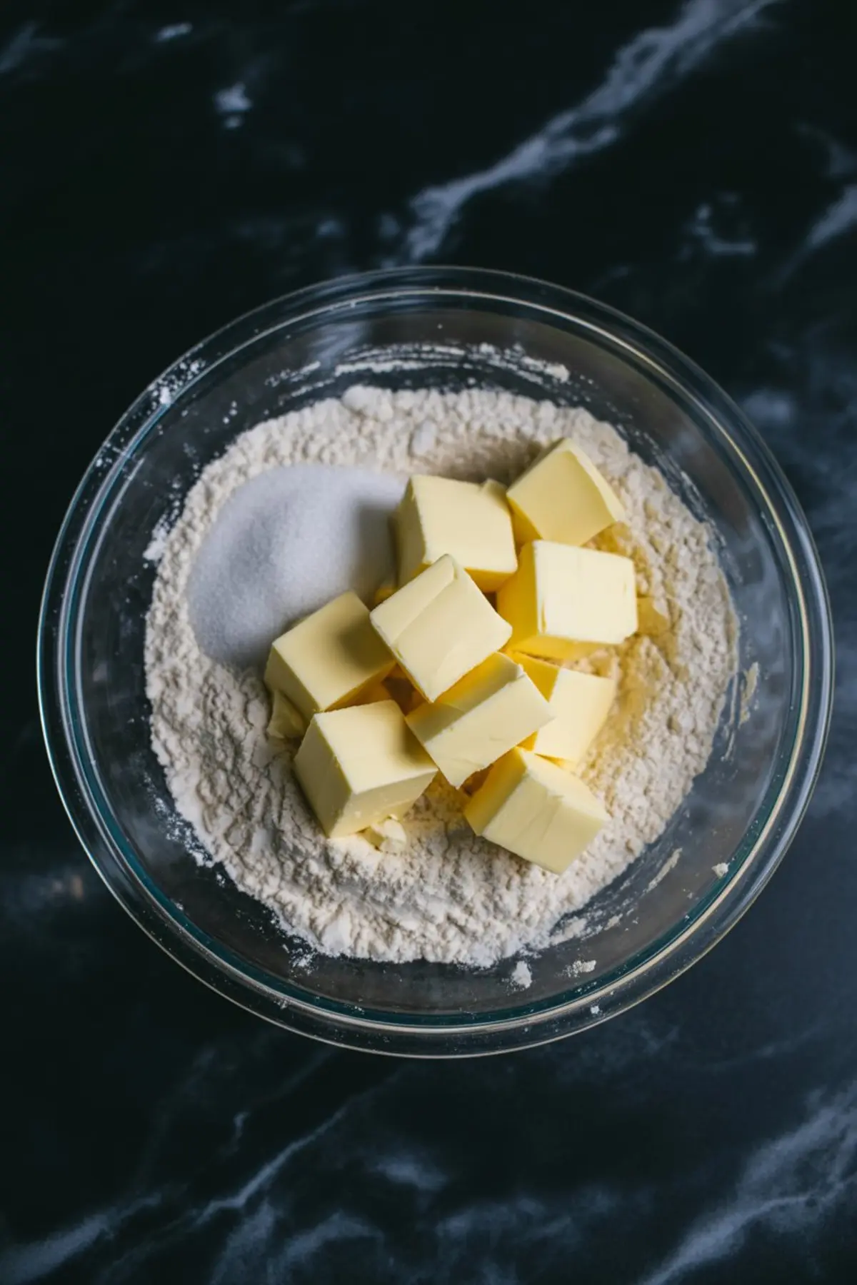 Cubes of butter and granulated sugar placed over a bed of flour in a glass mixing bowl on a dark marble surface, ready to be mixed for pie crust.