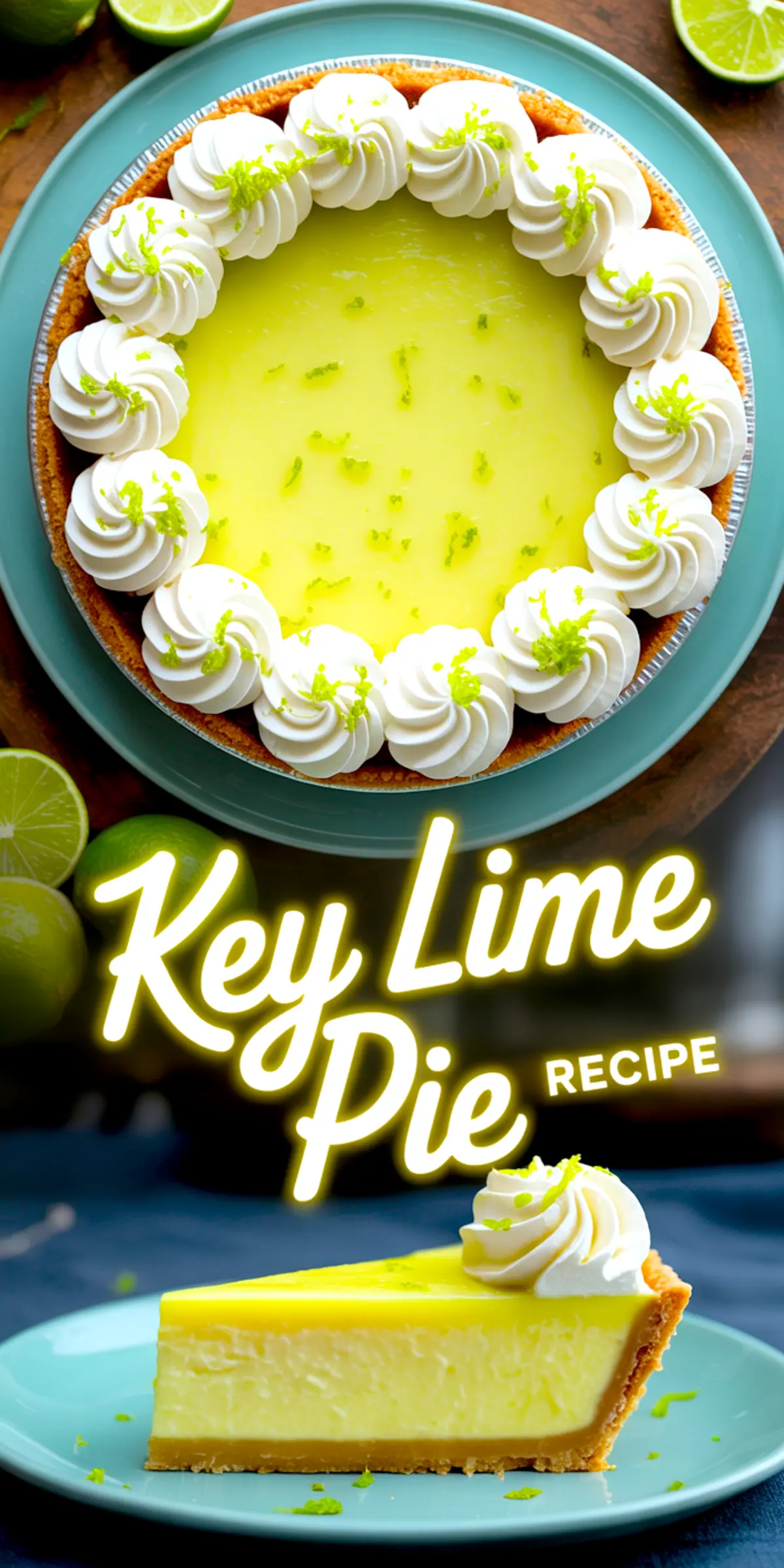A collage showing a whole key lime pie decorated with whipped cream and lime zest from the top view, and a slice of the pie served on a plate below, with bright text reading “Key Lime Pie Recipe.”