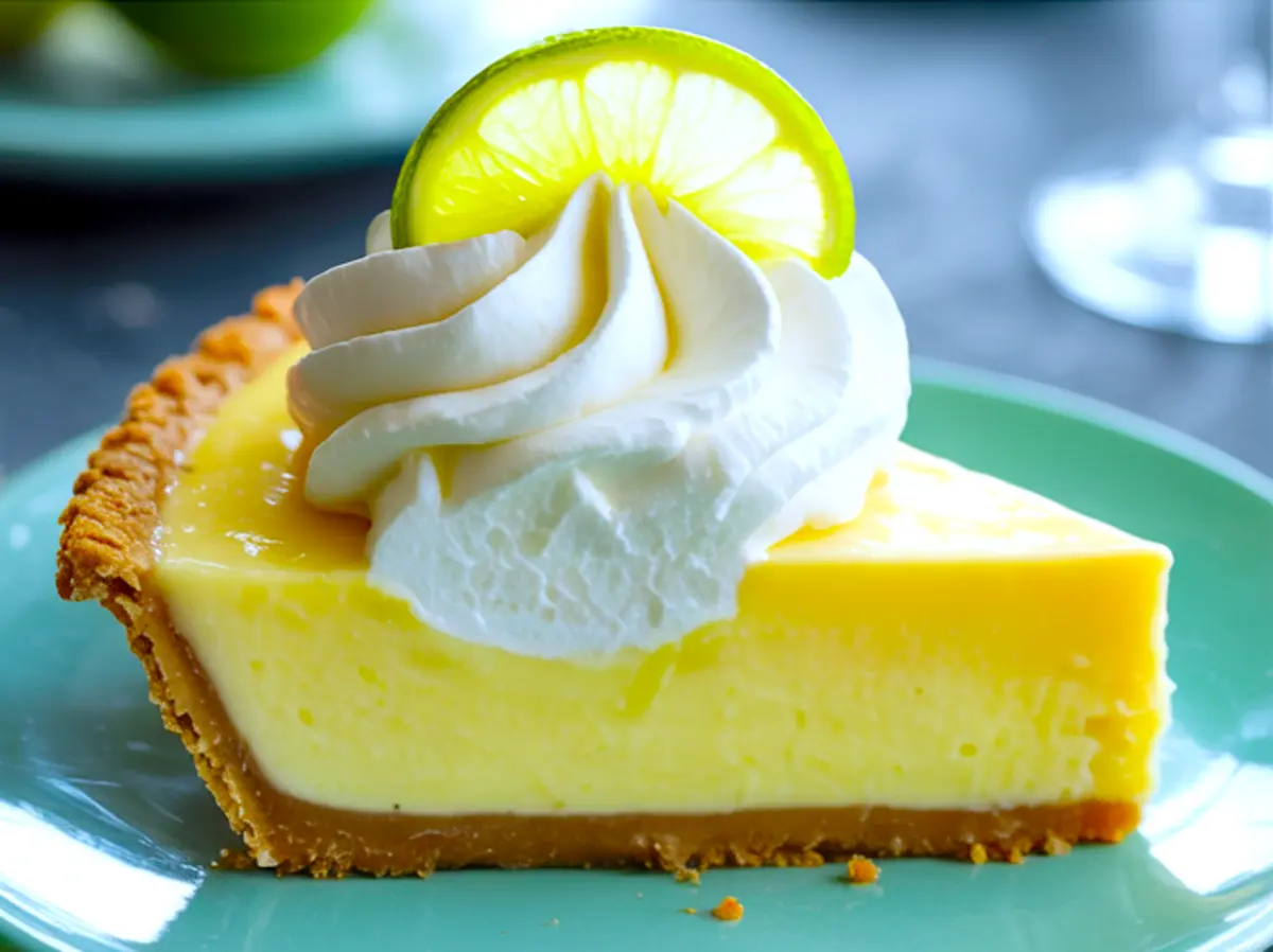 A slice of key lime pie with a graham cracker crust is topped with a swirl of whipped cream and a lime slice, presented on a turquoise plate.