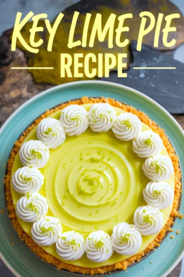 Overhead view of a decorated key lime pie with a swirled lime filling, whipped cream rosettes, and lime zest garnish, set on a teal plate with recipe text above.