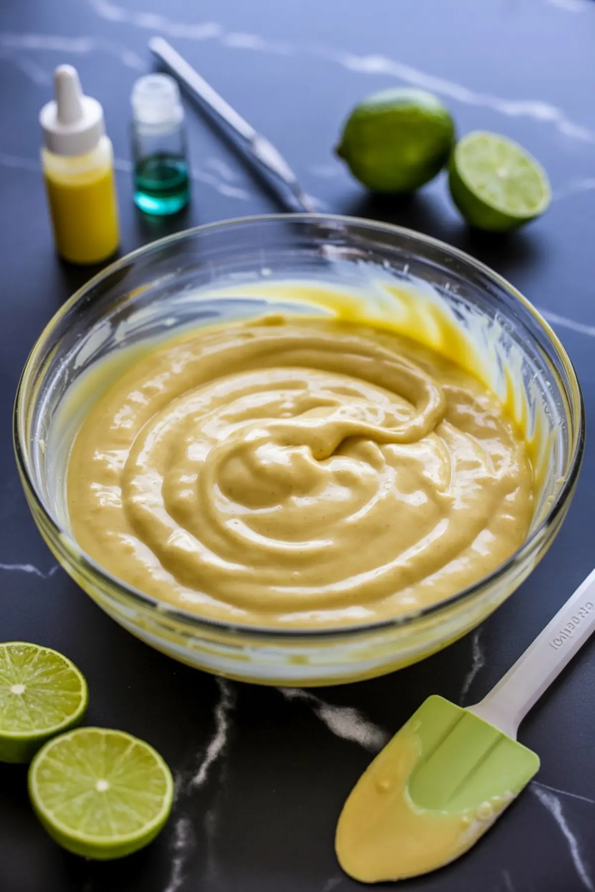 A smooth, pale yellow key lime pie filling is fully mixed in a glass bowl, surrounded by fresh lime halves, a green spatula, and food coloring bottles on a dark countertop.