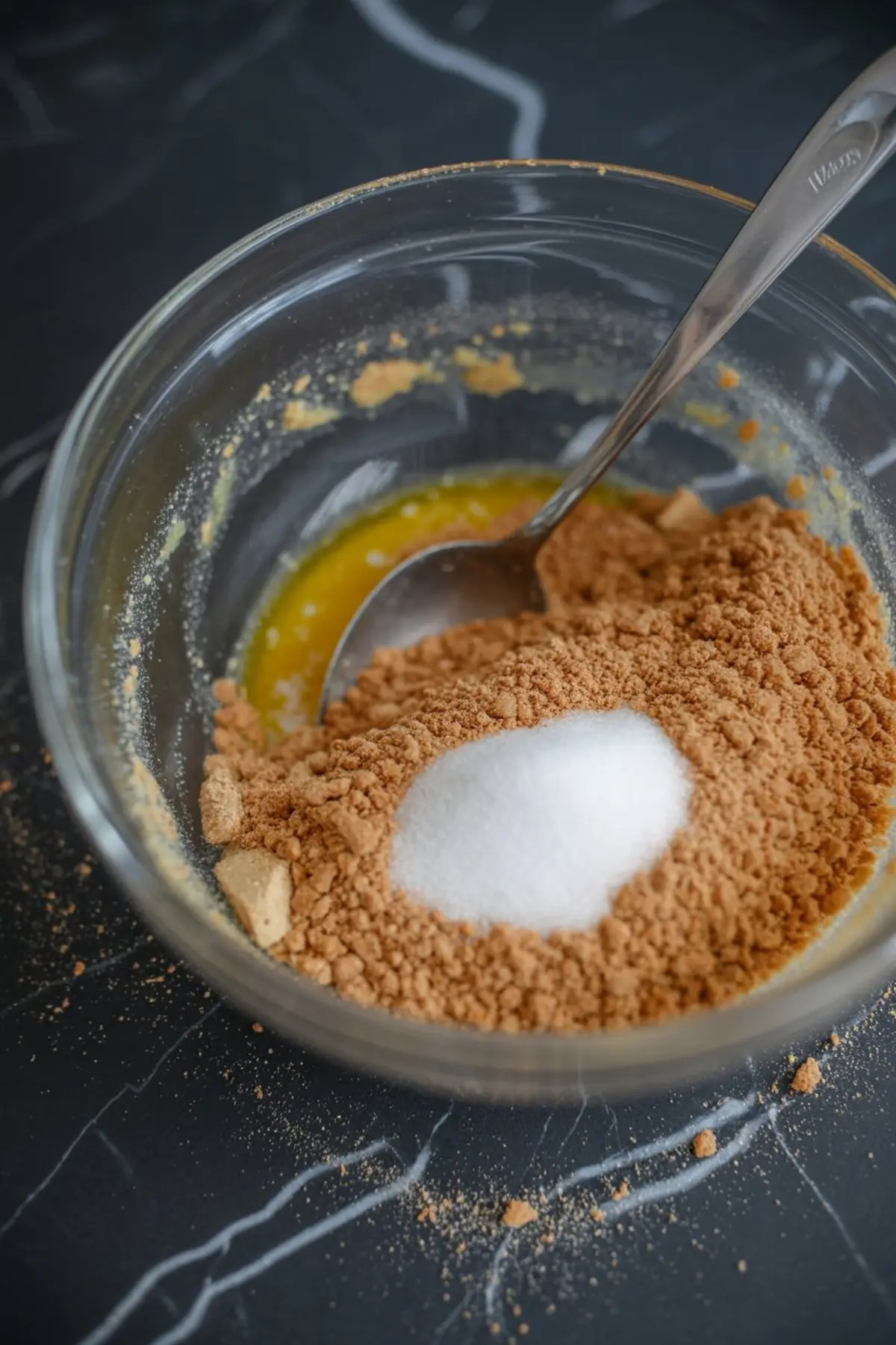 Crushed graham crackers, granulated sugar, and melted butter are combined in a glass bowl to make a graham cracker crust base, captured on a black marble countertop.