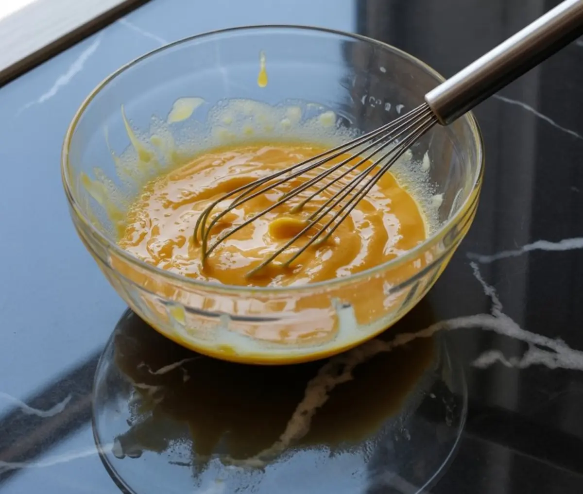 A thick yellow mixture is being whisked in a glass bowl, showing the blending process of egg yolks and sweetened condensed milk for a creamy pie filling.
