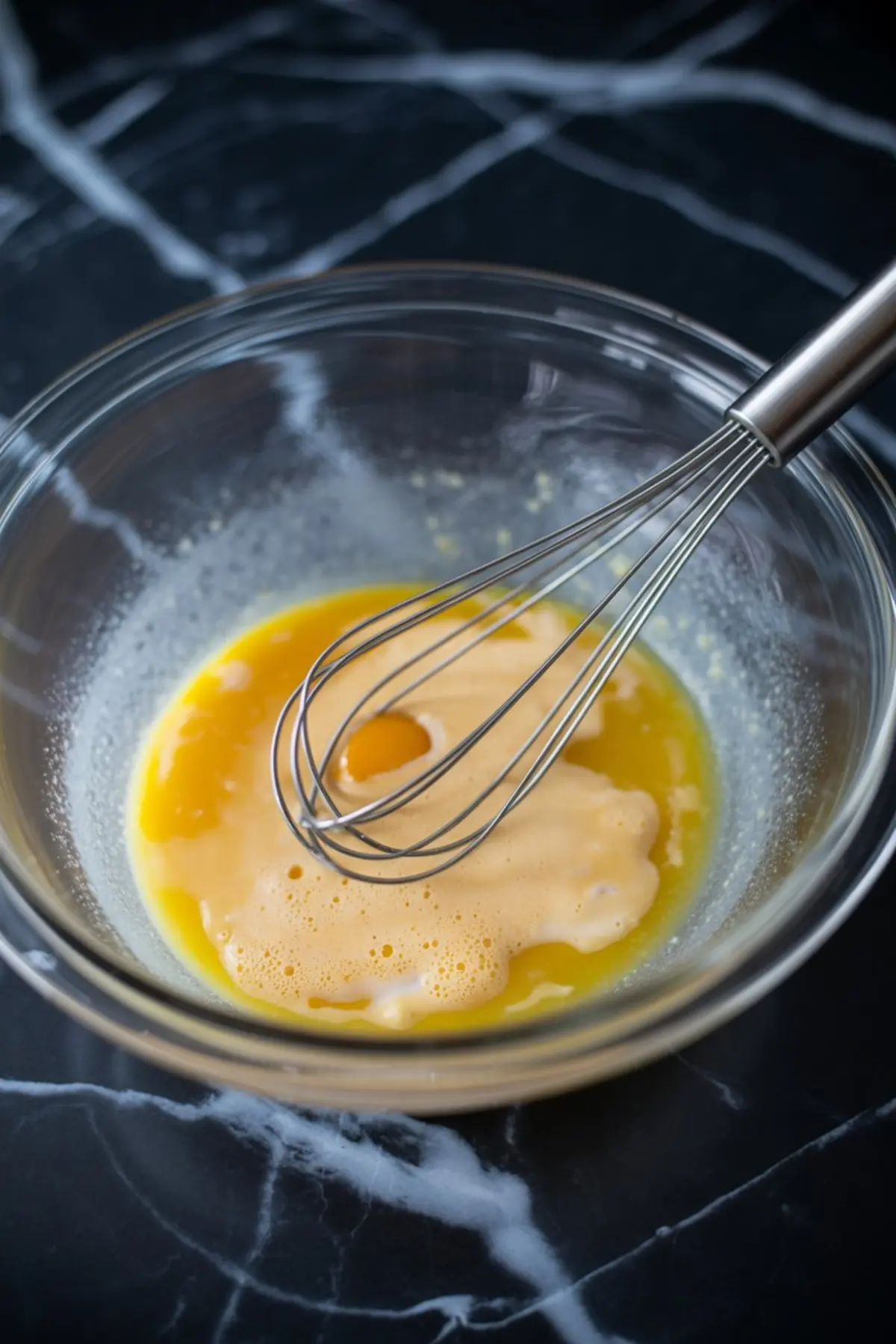 A raw mixture of egg yolks and condensed milk is partially mixed in a glass bowl, with a metal whisk resting inside, photographed on a dark marble surface.
