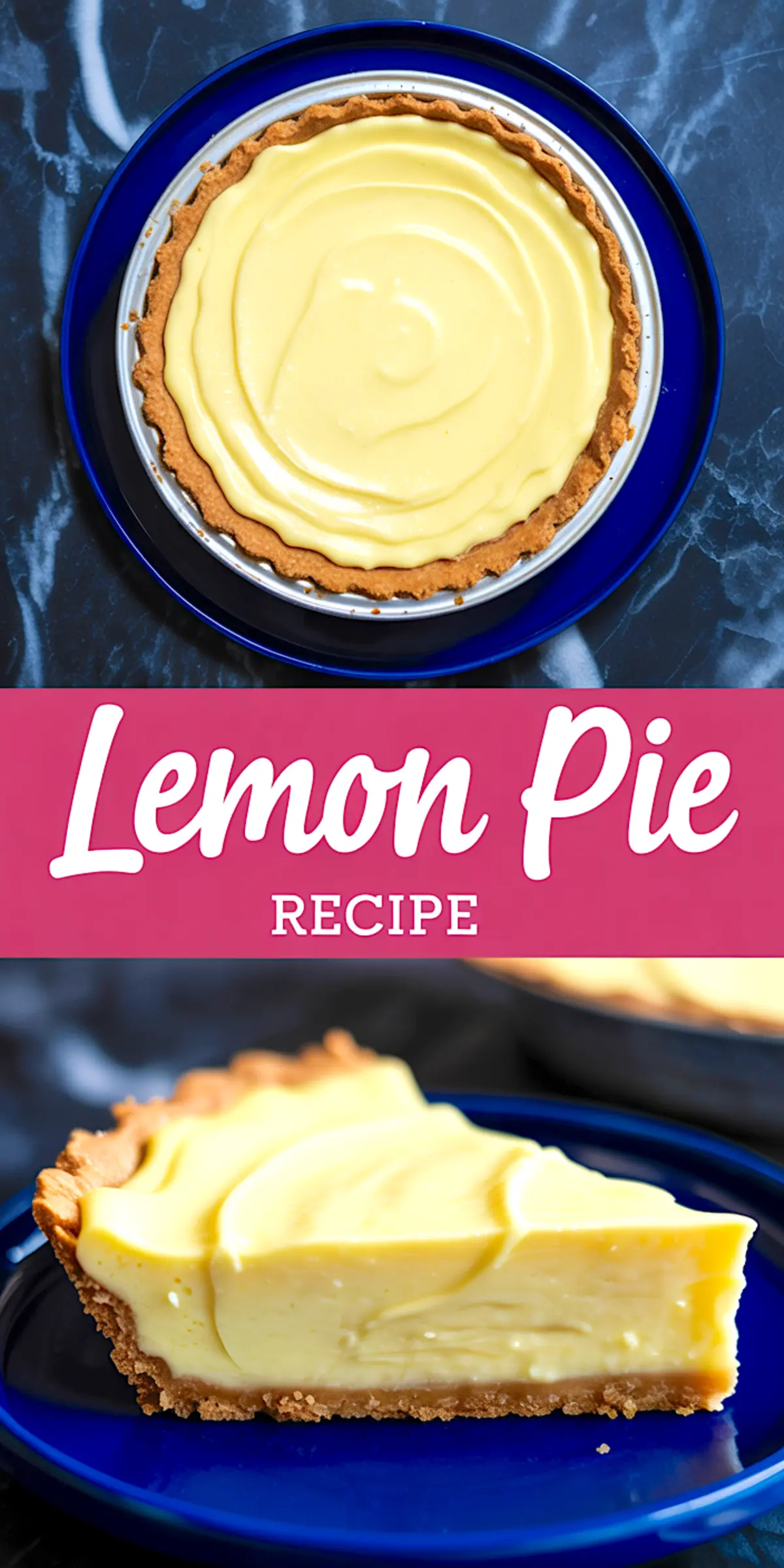 Collage showing a whole lemon pie with swirled lemon filling and a slice of pie on a blue plate, highlighting creamy texture and golden crust.