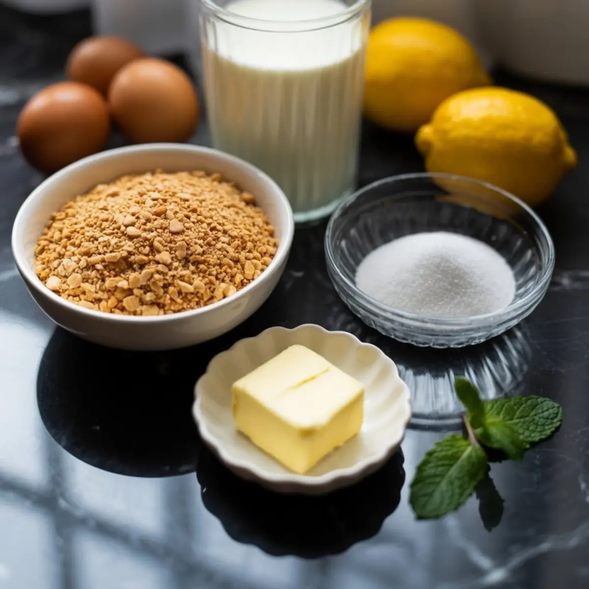 Bowl of crushed graham crackers, glass of milk, brown eggs, lemons, granulated sugar, and a pat of butter on a black countertop for baking lemon pie.