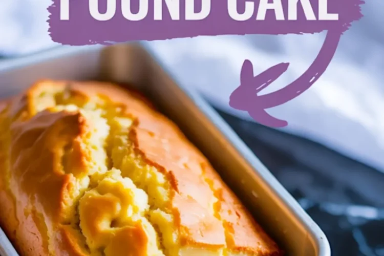 Freshly baked lemon pound cake in a loaf pan with golden cracked top, labeled with text overlay “EASY LEMON POUND CAKE” on a purple brushstroke design.