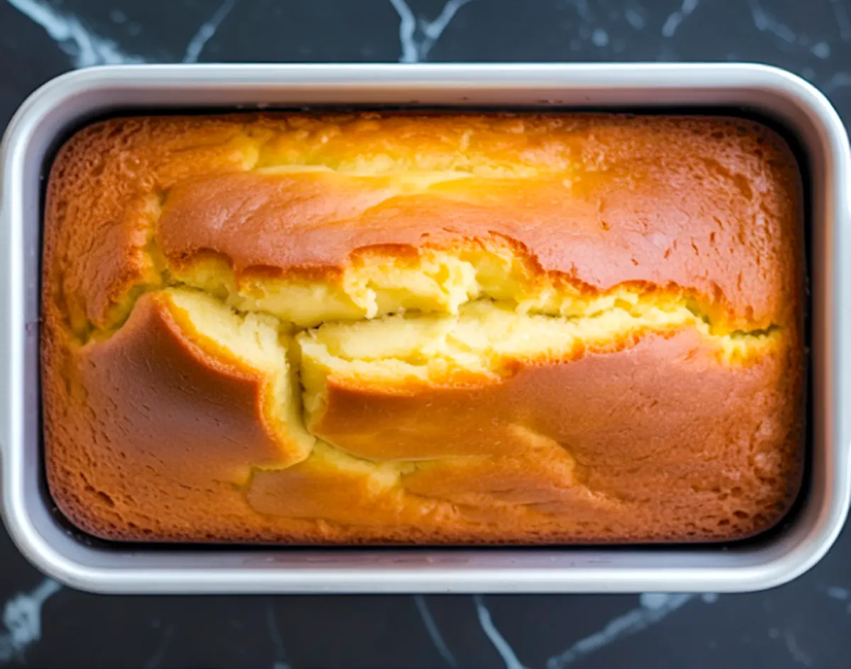Top-down view of a lemon pound cake in a metal loaf pan with a golden, split top crust, resting on a black marble countertop.