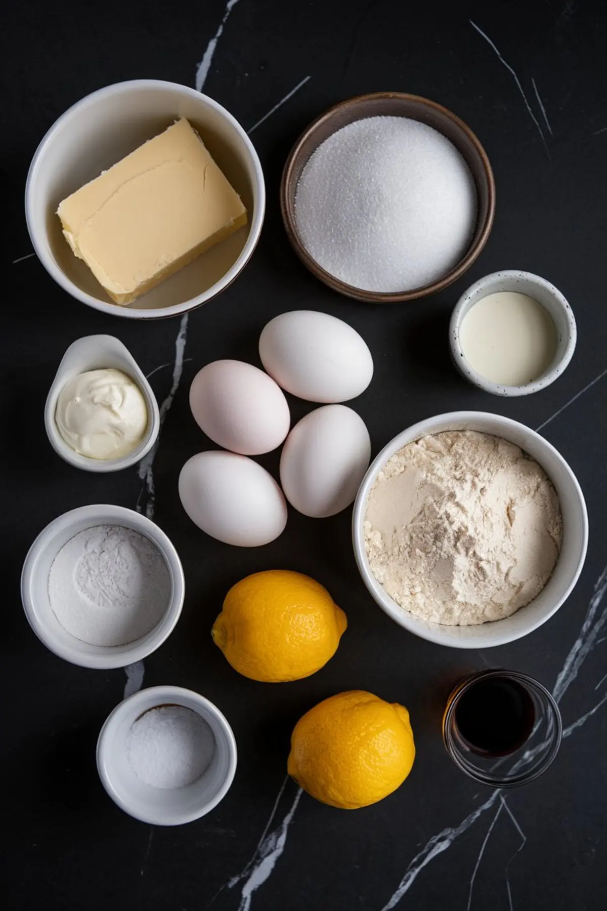 Overhead view of lemon pound cake ingredients on a black marble background, including flour, sugar, eggs, butter, lemons, sour cream, cream, vanilla, baking powder, and salt.