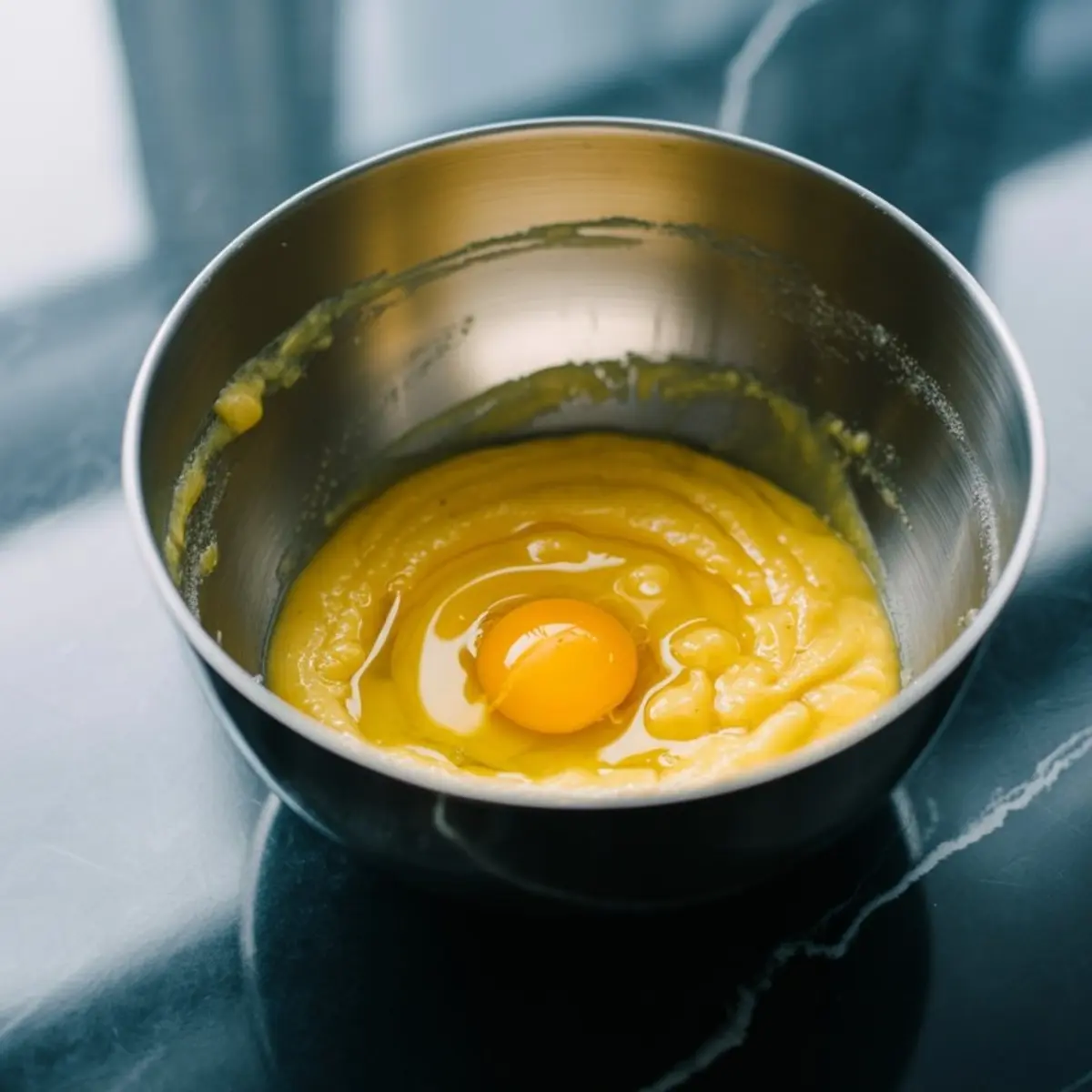 A stainless steel mixing bowl with creamy yellow batter and a raw egg yolk in the center, sitting on a dark marble countertop.