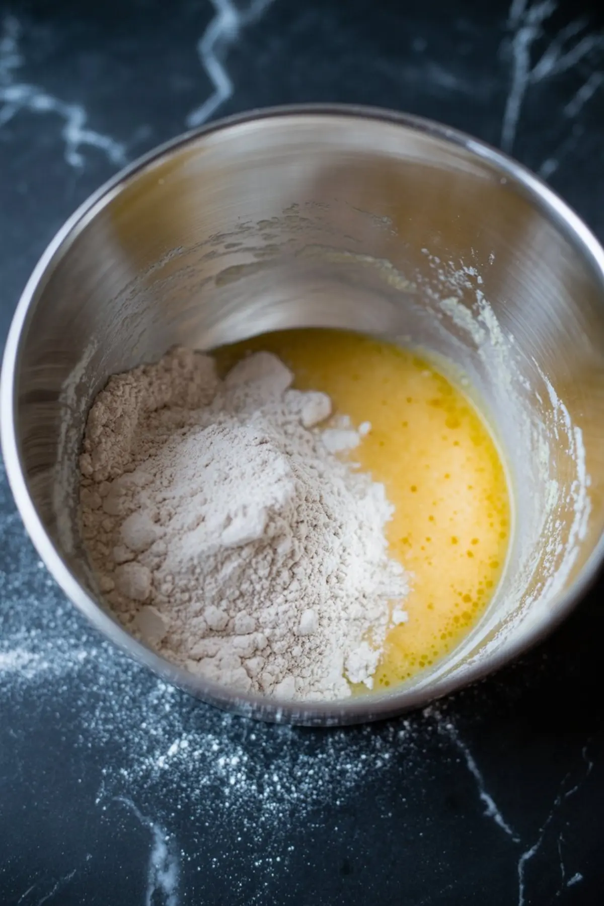 A bowl of wet ingredients with a mound of flour on top, showing the early stages of mixing lemon pound cake batter on a floured black countertop.