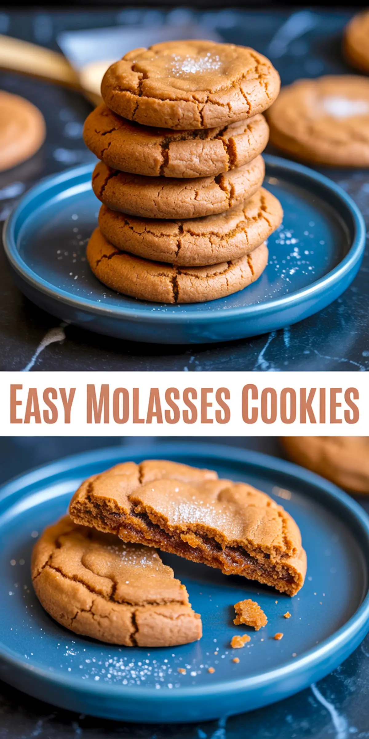 Stack of soft molasses cookies on blue plate with broken cookie showing chewy texture - easy holiday cookie recipe