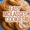 Easy molasses cookies recipe collage - finished golden brown cookies with cracked tops and sugar coating on blue plate