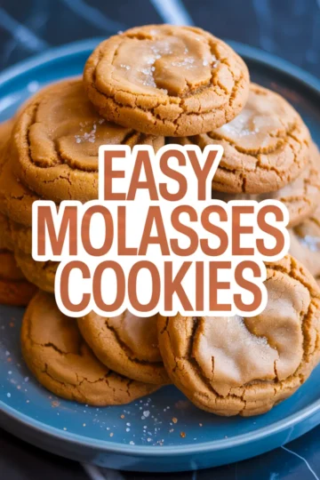 Easy molasses cookies recipe collage - finished golden brown cookies with cracked tops and sugar coating on blue plate