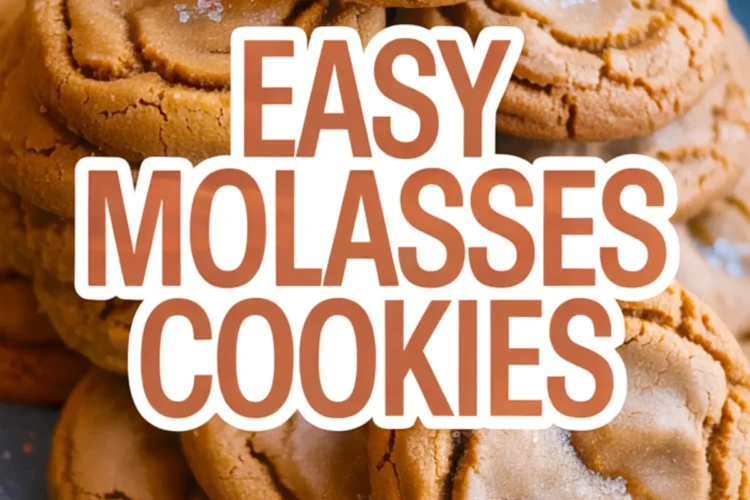 Easy molasses cookies recipe collage - finished golden brown cookies with cracked tops and sugar coating on blue plate