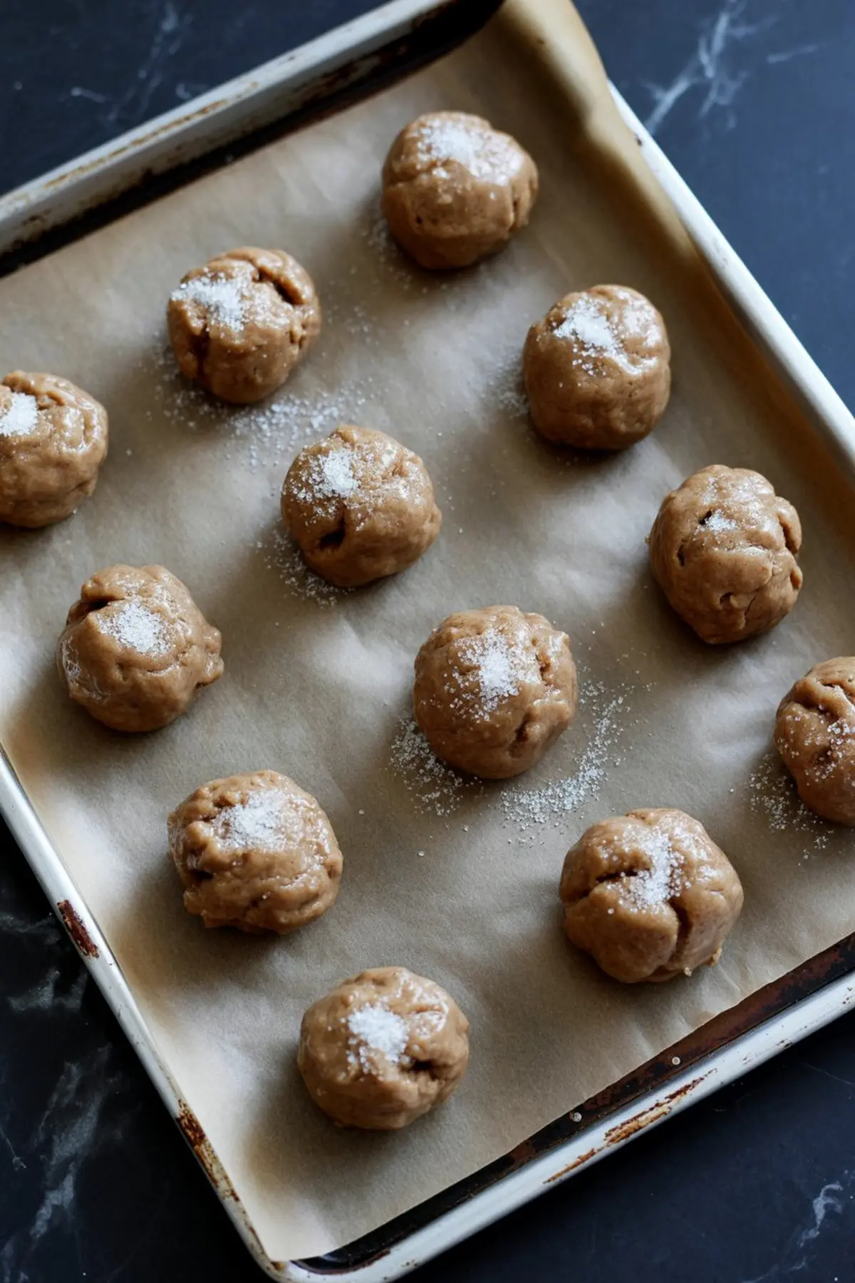 Raw molasses cookie dough balls on parchment lined baking sheet ready to bake - homemade cookie recipe process