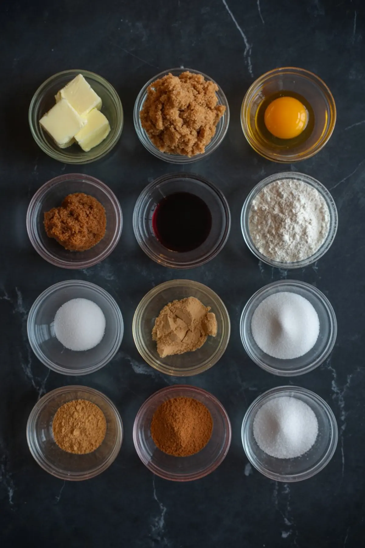 Molasses cookie ingredients laid out in glass bowls - butter, brown sugar, molasses, flour, spices for easy homemade holiday cookie recipe