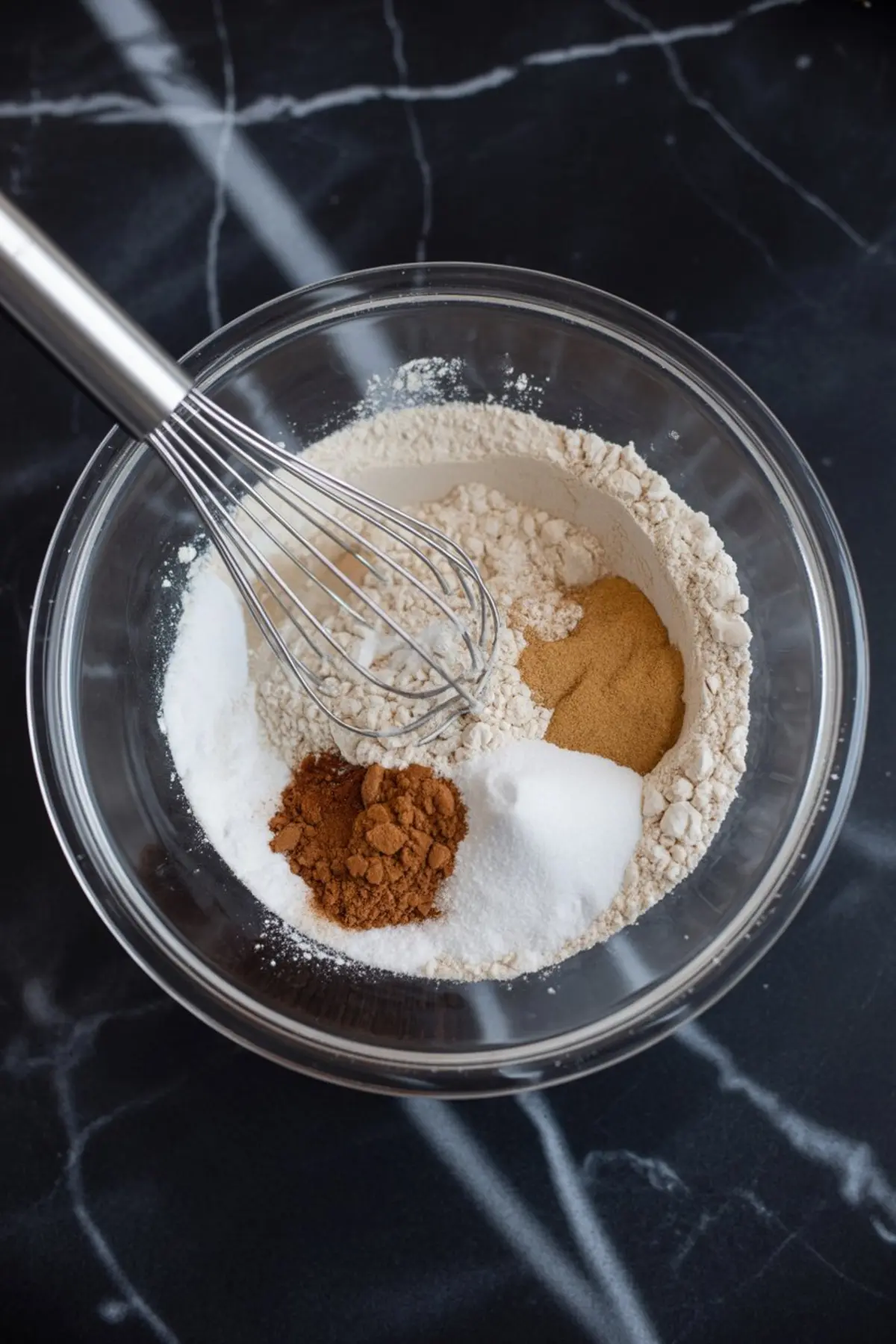 Dry ingredients for molasses cookies - flour, sugar, cinnamon, ginger mixed with whisk in glass bowl, holiday baking