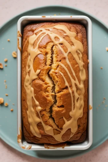 Peanut butter banana bread with caramel glaze drizzle in white loaf pan on mint green plate - finished healthy banana bread recipe