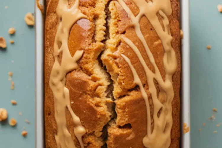 Peanut butter banana bread with caramel glaze drizzle in white loaf pan on mint green plate - finished healthy banana bread recipe