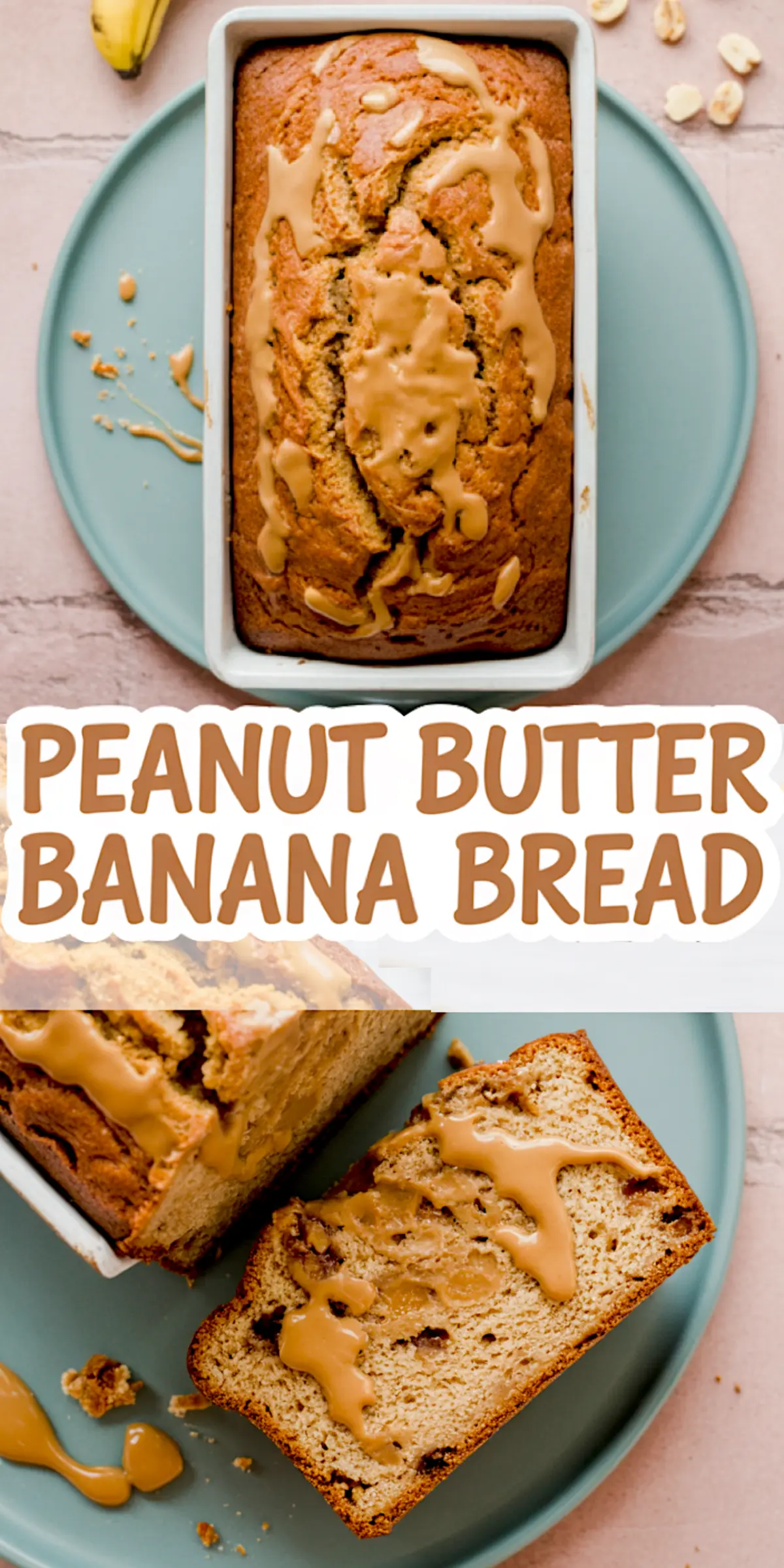 Homemade peanut butter banana bread loaf with creamy glaze and scattered peanuts - easy overripe banana recipes for quick banana bread