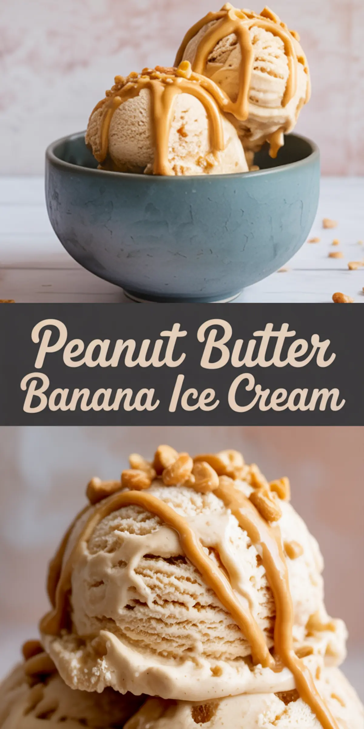 Two scoops of peanut butter banana ice cream in a matte blue bowl, drizzled with peanut butter sauce and sprinkled with chopped peanuts, placed on a light wood surface.
