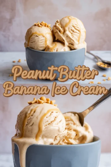 Collage image featuring scoops of peanut butter banana ice cream melting in a ceramic bowl, topped with chopped peanuts and peanut butter drizzle, with text promoting the flavor name.