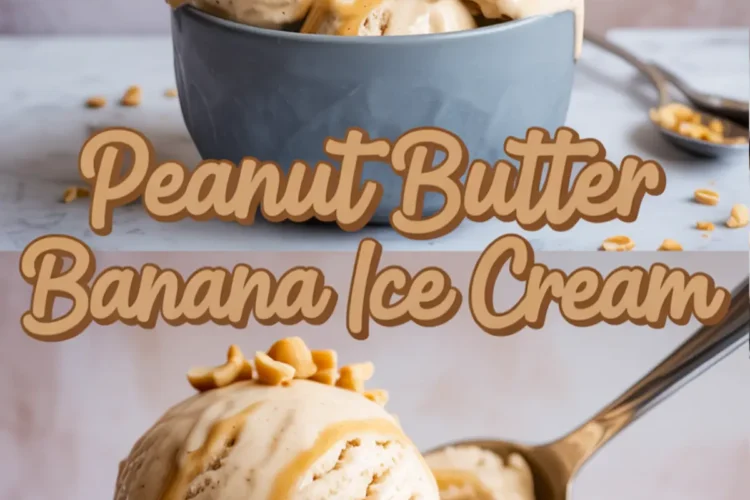 Collage image featuring scoops of peanut butter banana ice cream melting in a ceramic bowl, topped with chopped peanuts and peanut butter drizzle, with text promoting the flavor name.