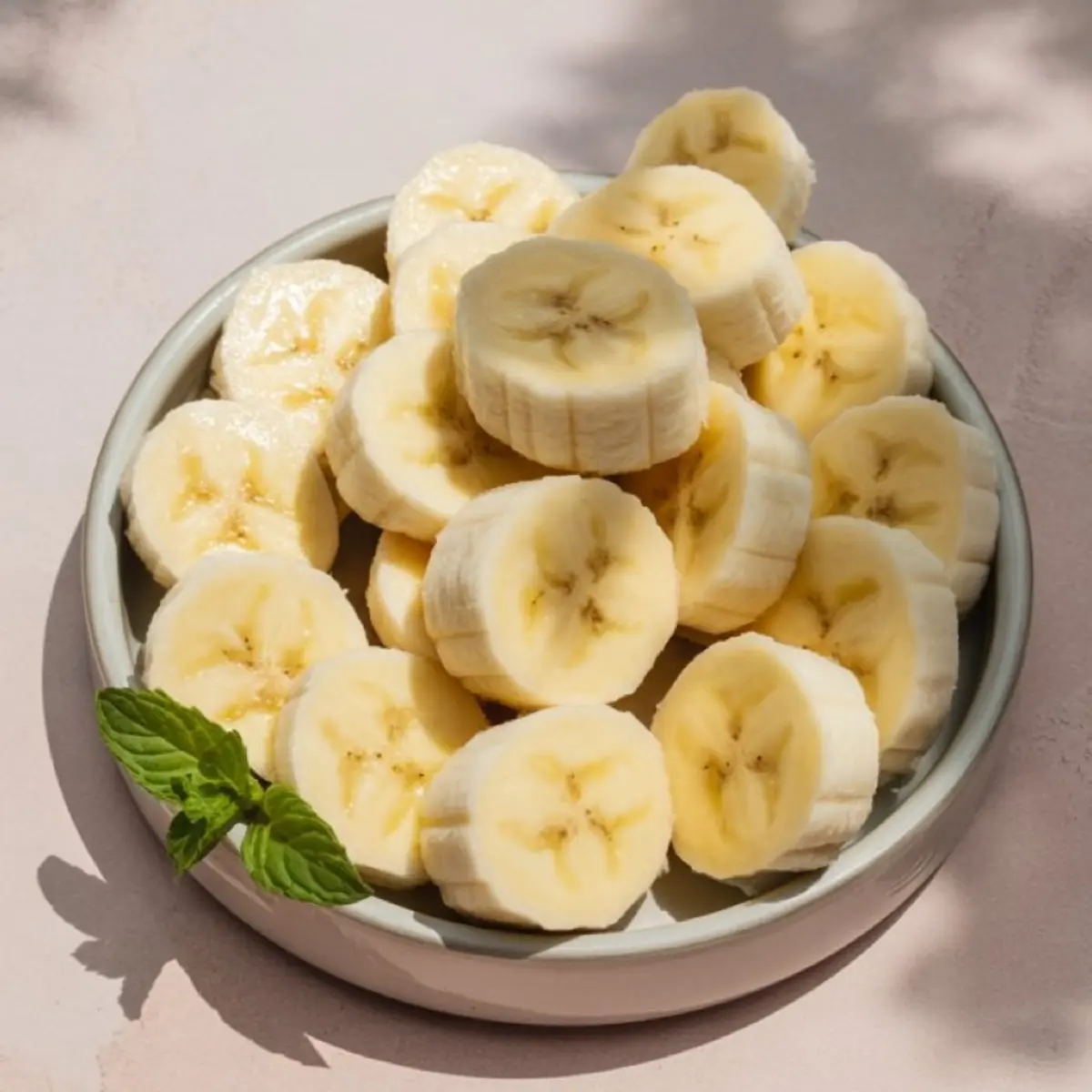 Fresh banana slices arranged in a round white dish, garnished with a sprig of mint, perfect for smoothie bowls, snack boards, or healthy dessert ideas.