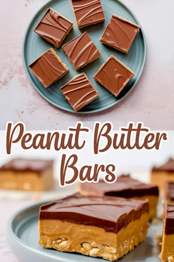 Blue plate with squares of peanut butter bars topped with a shiny layer of chocolate, shown with a close-up of a sliced bar.