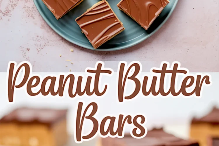 Blue plate with squares of peanut butter bars topped with a shiny layer of chocolate, shown with a close-up of a sliced bar.