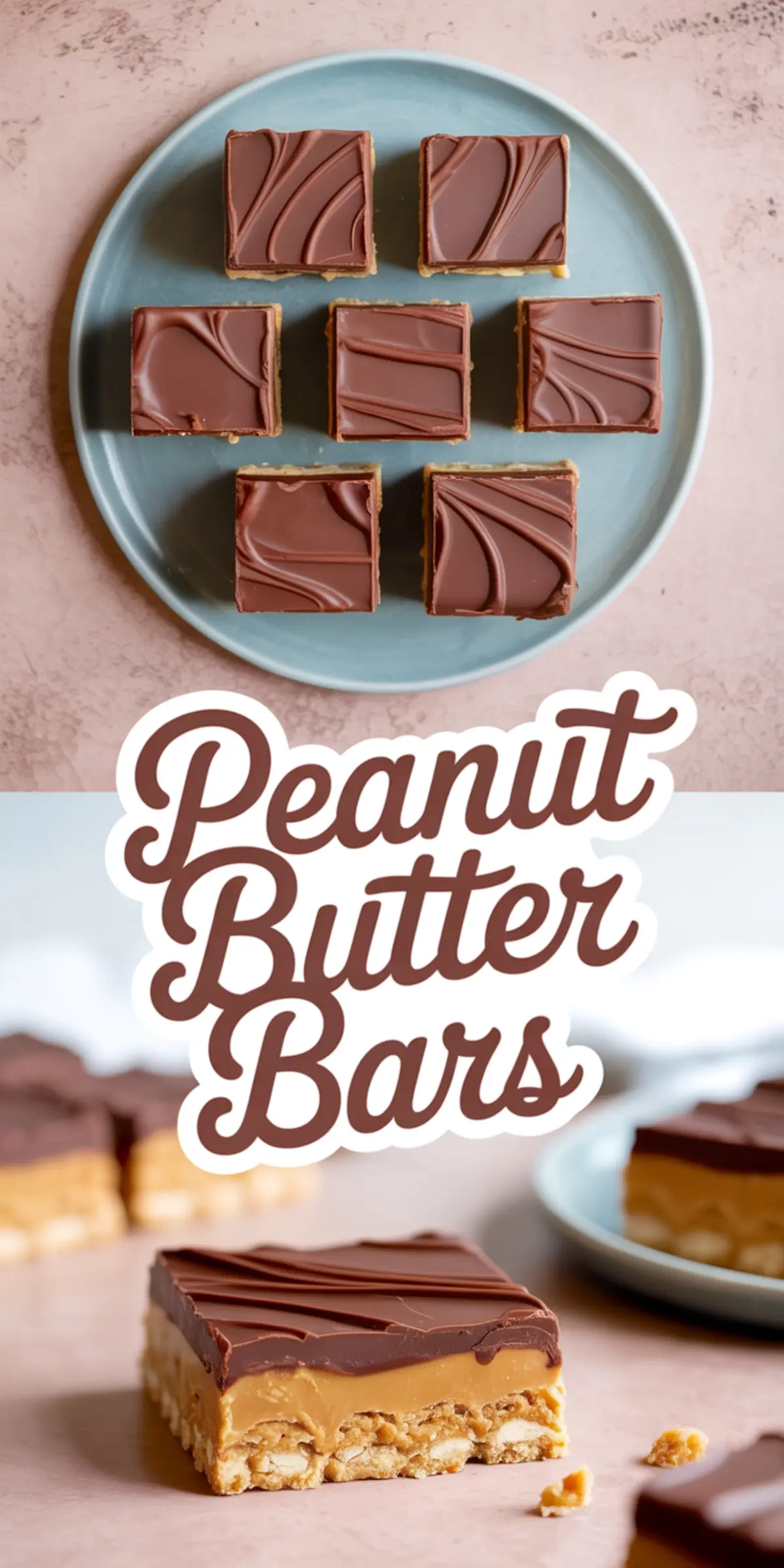 Collage showing chocolate-topped peanut butter bars cut into neat squares on a blue plate and a close-up of a layered bar with a graham cracker crust, peanut butter filling, and chocolate topping, labeled “Peanut Butter Bars.”