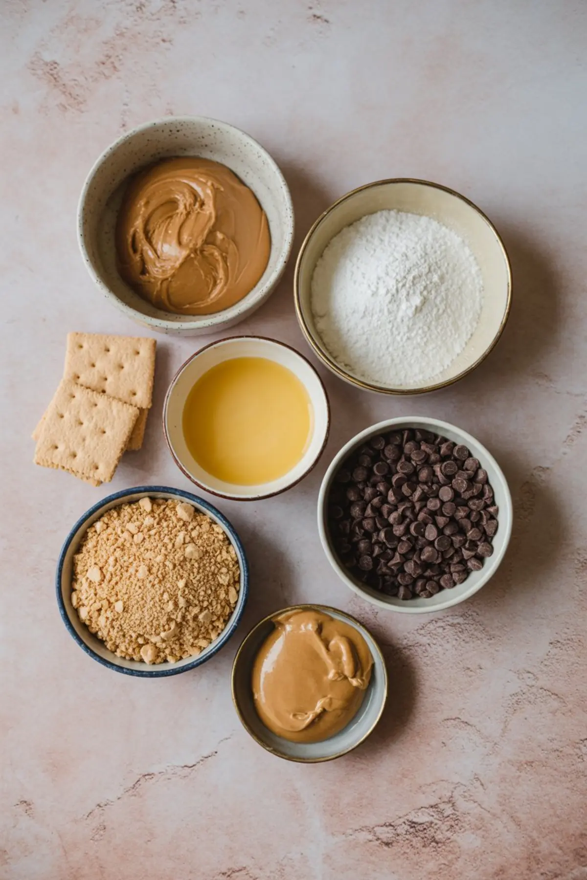 Assorted ingredients for no-bake peanut butter bars including peanut butter, powdered sugar, melted butter, graham crackers, crushed crumbs, and chocolate chips arranged in small bowls.