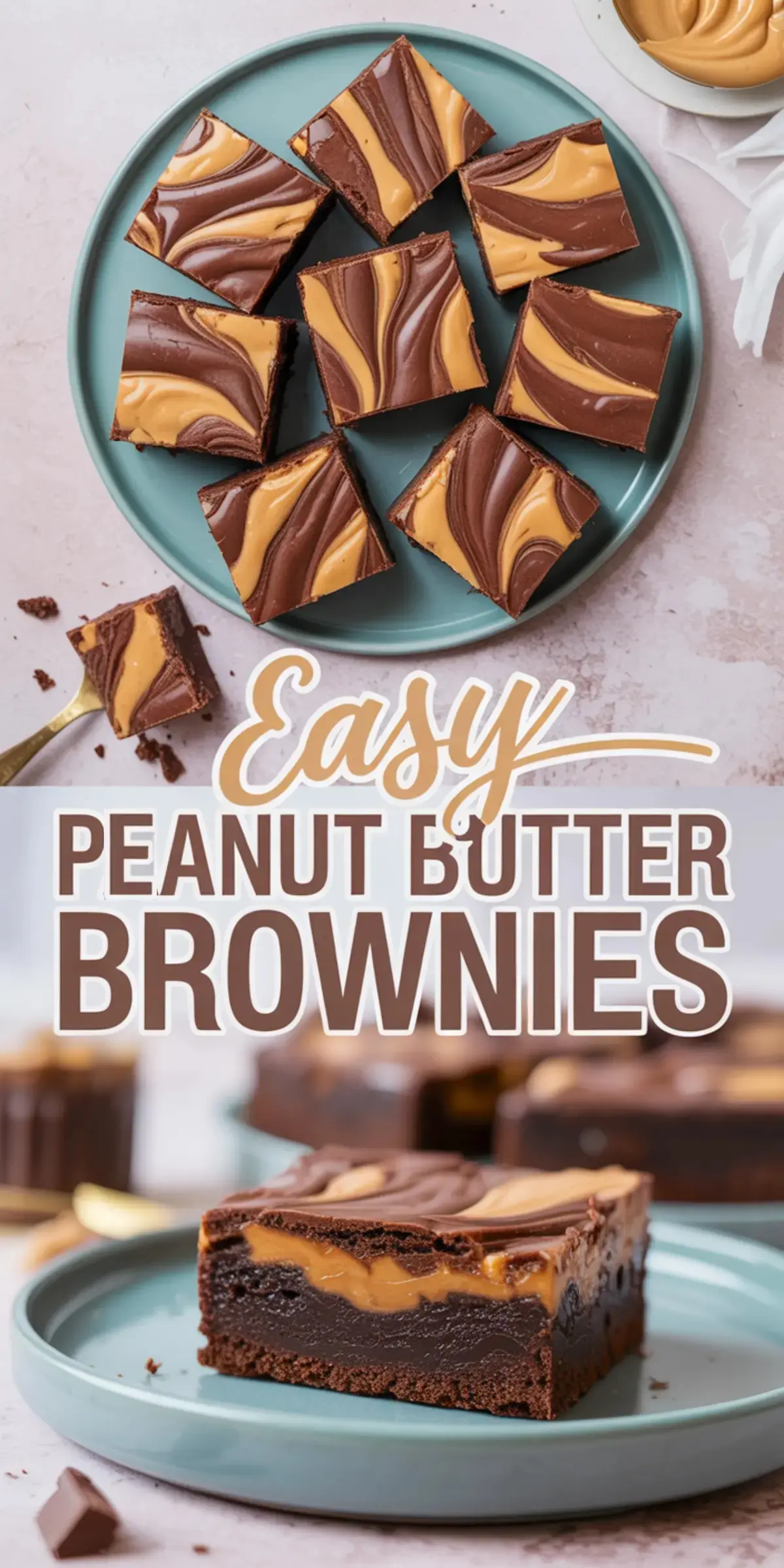 A collage featuring a teal plate with square-cut peanut butter brownies arranged neatly and a close-up of a brownie piece with creamy peanut butter filling and rich chocolate layers.