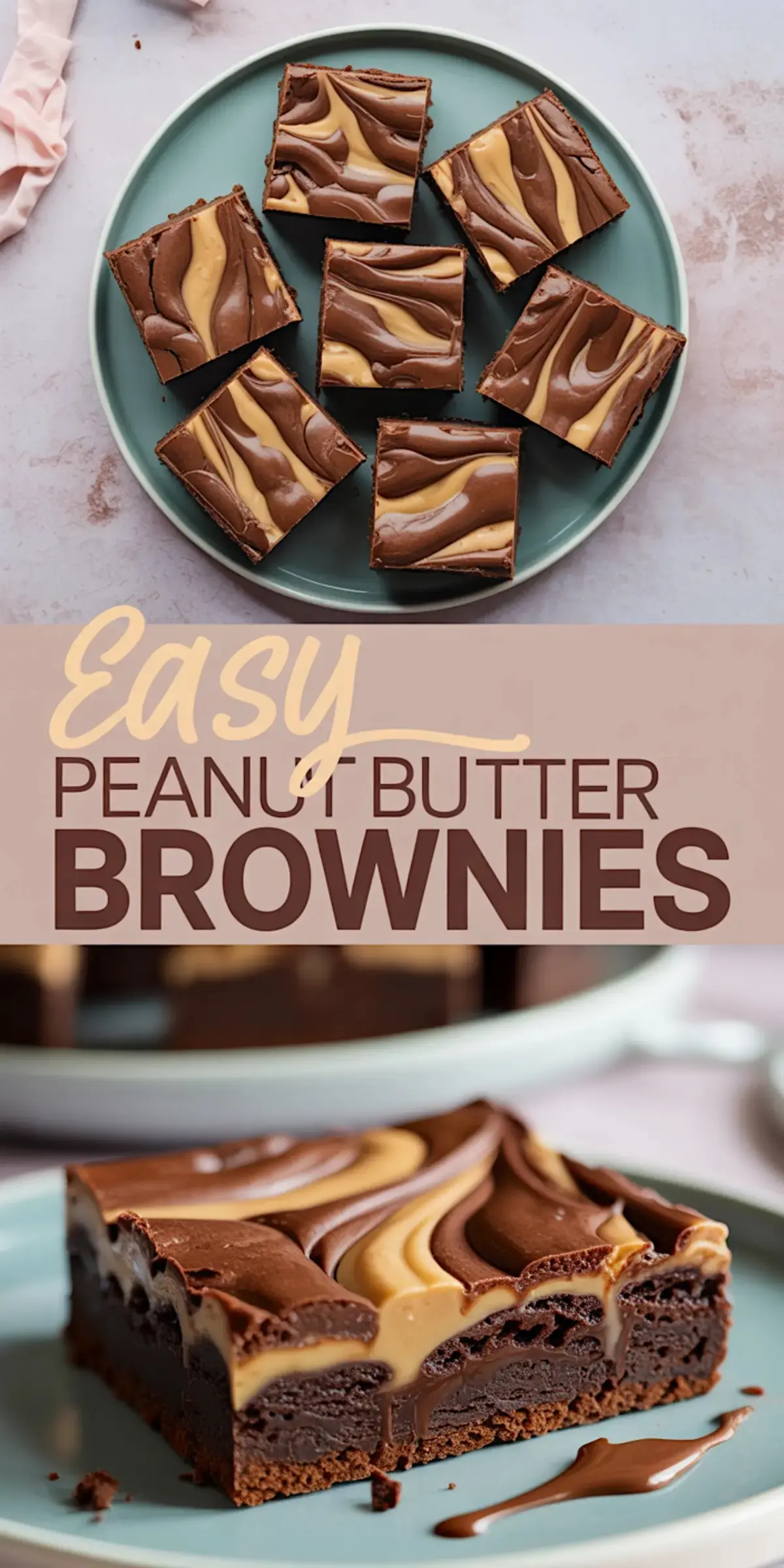 A collage with a teal plate of chocolate peanut butter brownies and a close-up of one brownie slice showcasing swirled peanut butter and dense chocolate layers on a textured surface.