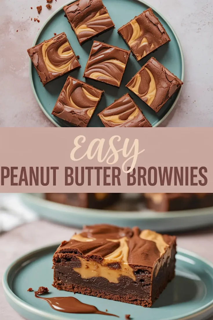 A Pinterest collage with a top view of sliced peanut butter swirl brownies on a teal plate and a close-up of a single brownie piece on a plate, highlighting the gooey peanut butter center and fudgy texture.