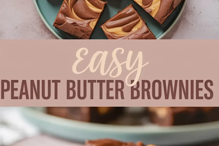 A Pinterest collage with a top view of sliced peanut butter swirl brownies on a teal plate and a close-up of a single brownie piece on a plate, highlighting the gooey peanut butter center and fudgy texture.