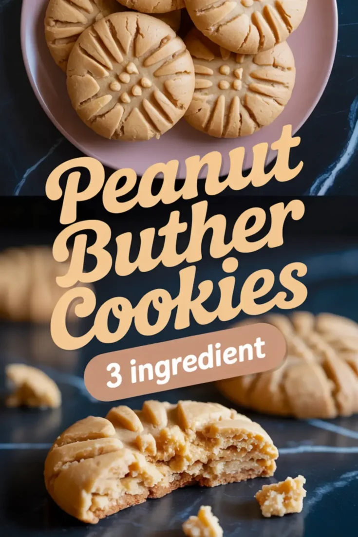 Plate of golden peanut butter cookies with text overlay reading “Peanut Butter Cookies – 3 Ingredient,” highlighting an easy homemade recipe.