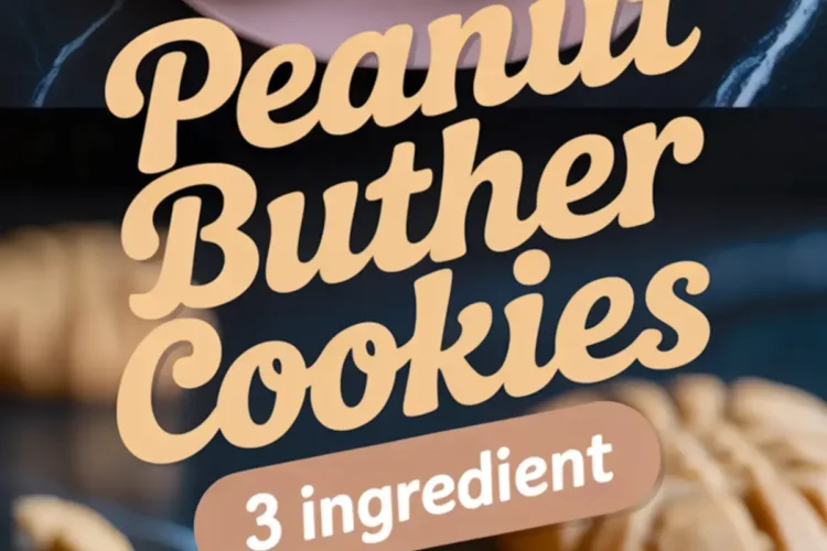 Plate of golden peanut butter cookies with text overlay reading “Peanut Butter Cookies – 3 Ingredient,” highlighting an easy homemade recipe.