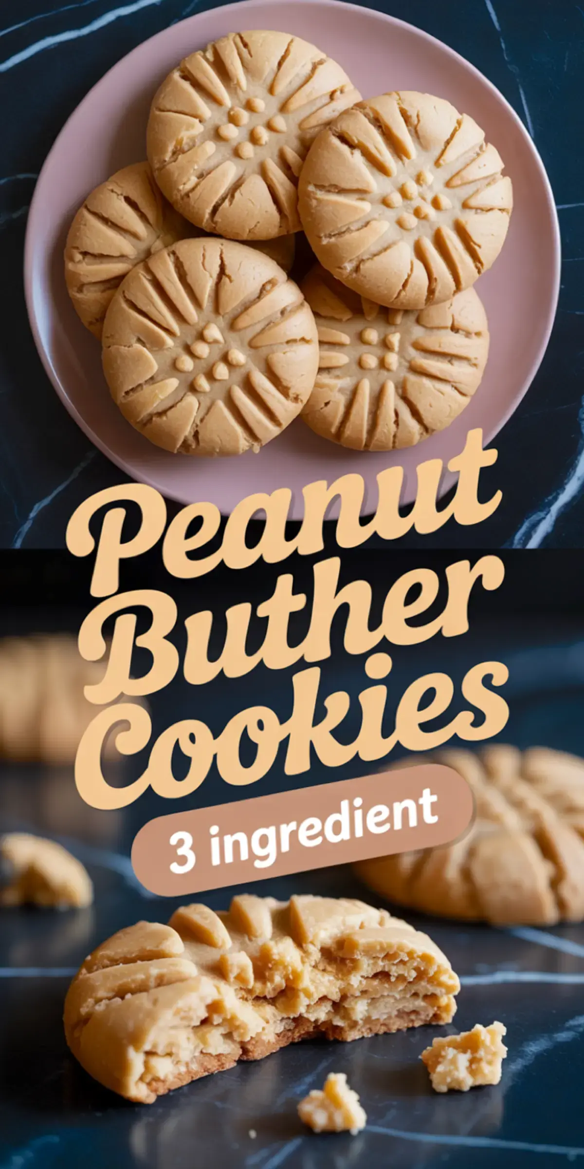 Collage of soft peanut butter cookies on a pink plate with text overlay “Peanut Butter Cookies – 3 Ingredient,” featuring a close-up of a broken cookie with crumbs.