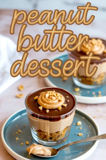 Collage of elegant no-bake peanut butter desserts in clear glasses with layers of crushed cookies, creamy peanut butter filling, and shiny chocolate topping, styled with a swirl of peanut butter and chopped nuts on top, set on modern ceramic plates with soft background.