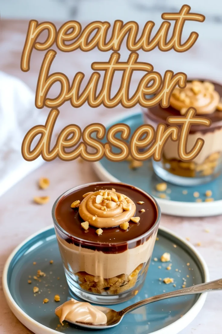 Collage of elegant no-bake peanut butter desserts in clear glasses with layers of crushed cookies, creamy peanut butter filling, and shiny chocolate topping, styled with a swirl of peanut butter and chopped nuts on top, set on modern ceramic plates with soft background.
