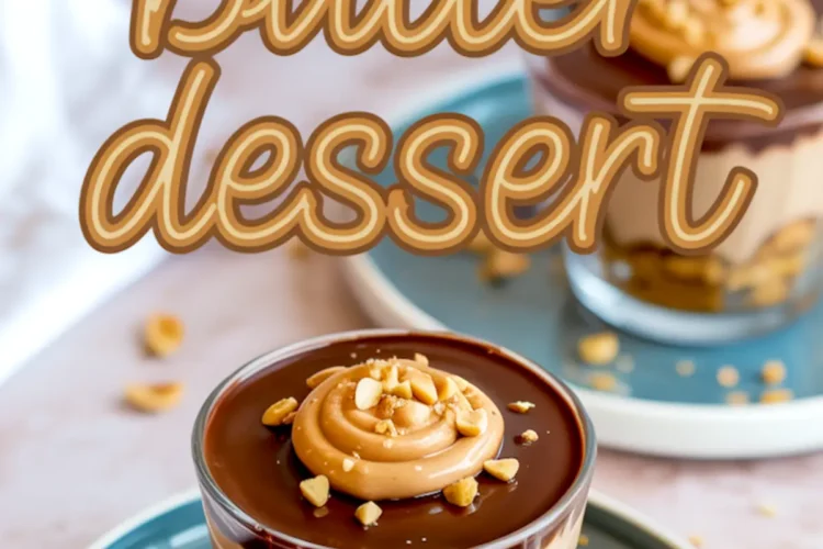 Collage of elegant no-bake peanut butter desserts in clear glasses with layers of crushed cookies, creamy peanut butter filling, and shiny chocolate topping, styled with a swirl of peanut butter and chopped nuts on top, set on modern ceramic plates with soft background.