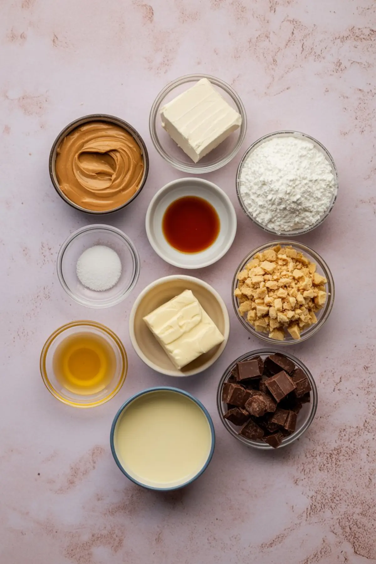 Flat lay of individual dessert ingredients in small bowls including peanut butter, cream cheese, powdered sugar, butter, sweetened condensed milk, vanilla extract, chopped peanuts, chocolate chunks, and salt on a blush-toned background.